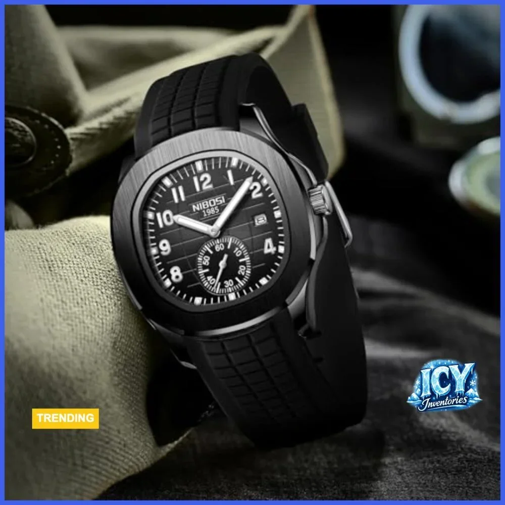 Analog Military Watch with Calendar Black Silicone Strap Waterproof